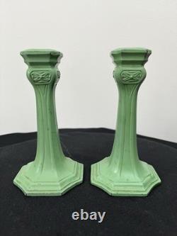 Antique Art Nouveau Spelter Verdigris Green Candlesticks Frankart Style 1920s