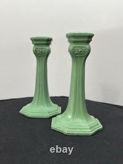 Antique Art Nouveau Spelter Verdigris Green Candlesticks Frankart Style 1920s