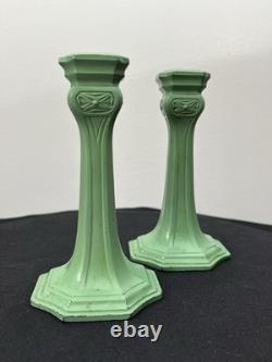Antique Art Nouveau Spelter Verdigris Green Candlesticks Frankart Style 1920s