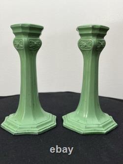 Antique Art Nouveau Spelter Verdigris Green Candlesticks Frankart Style 1920s