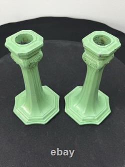 Antique Art Nouveau Spelter Verdigris Green Candlesticks Frankart Style 1920s
