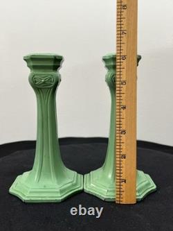 Antique Art Nouveau Spelter Verdigris Green Candlesticks Frankart Style 1920s