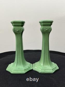 Antique Art Nouveau Spelter Verdigris Green Candlesticks Frankart Style 1920s