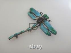 Antique Art Nouveau Sterling Silver & Blue Green Enamel Dragonfly Brooch