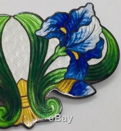 Antique Art Nouveau Sterling Silver Blue Green White Yellow Enamel Floral Pin