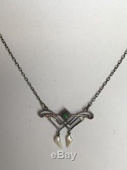 Antique Art Nouveau Sterling Silver Green Gemstone & Pearl Dangles Necklace