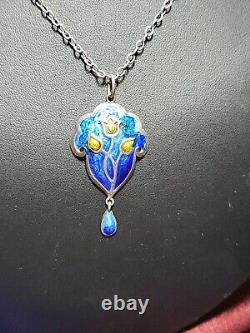 Antique Art Nouveau Sterling Silver Guilloche Enamel Pendant