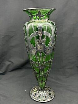 Antique Art Nouveau Sterling Silver Over Green Glass Vase, 14 tall, with Damage