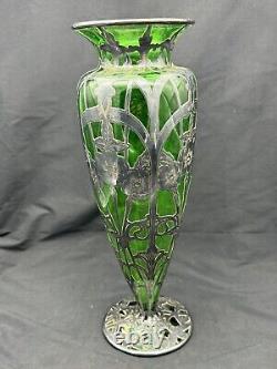 Antique Art Nouveau Sterling Silver Over Green Glass Vase, 14 tall, with Damage