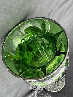 Antique Art Nouveau Sterling Silver Over Green Glass Vase, 14 tall, with Damage
