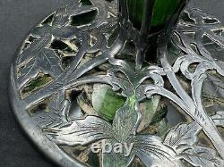 Antique Art Nouveau Sterling Silver Over Green Glass Vase, 14 tall, with Damage
