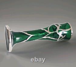 Antique Art Nouveau Sterling Silver Overlay Emerald Green Glass 6 Vase. C1910