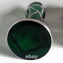 Antique Art Nouveau Sterling Silver Overlay Emerald Green Glass 6 Vase. C1910