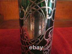 Antique Art Nouveau Sterling Silver Overlay Glass Pitcher, emerald green glass