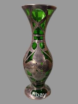Antique Art Nouveau Sterling Silver Overlay Green Art Glass 8 Vase