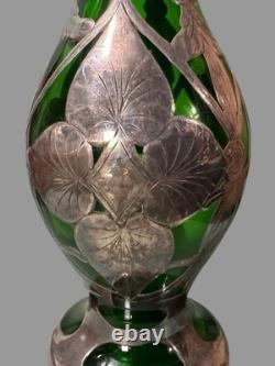 Antique Art Nouveau Sterling Silver Overlay Green Art Glass 8 Vase