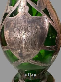 Antique Art Nouveau Sterling Silver Overlay Green Art Glass 8 Vase