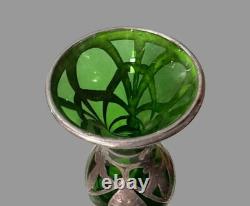 Antique Art Nouveau Sterling Silver Overlay Green Art Glass 8 Vase