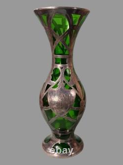 Antique Art Nouveau Sterling Silver Overlay Green Art Glass 8 Vase