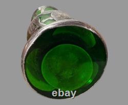 Antique Art Nouveau Sterling Silver Overlay Green Art Glass 8 Vase