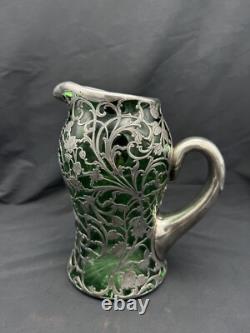 Antique Art Nouveau Sterling Silver Overlay Green Glass Pitcher, 8 3/8 tall