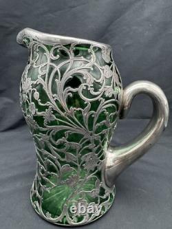 Antique Art Nouveau Sterling Silver Overlay Green Glass Pitcher, 8 3/8 tall