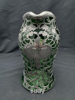 Antique Art Nouveau Sterling Silver Overlay Green Glass Pitcher, 8 3/8 tall