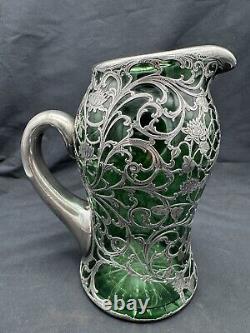 Antique Art Nouveau Sterling Silver Overlay Green Glass Pitcher, 8 3/8 tall