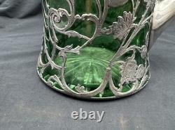 Antique Art Nouveau Sterling Silver Overlay Green Glass Pitcher, 8 3/8 tall