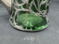 Antique Art Nouveau Sterling Silver Overlay Green Glass Pitcher, 8 3/8 tall