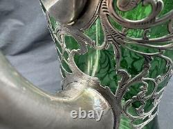 Antique Art Nouveau Sterling Silver Overlay Green Glass Pitcher, 8 3/8 tall