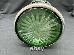 Antique Art Nouveau Sterling Silver Overlay Green Glass Pitcher, 8 3/8 tall