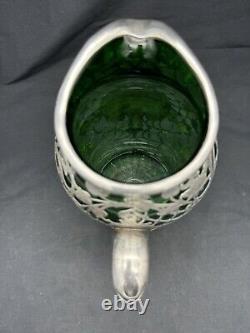 Antique Art Nouveau Sterling Silver Overlay Green Glass Pitcher, 8 3/8 tall