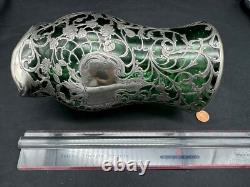 Antique Art Nouveau Sterling Silver Overlay Green Glass Pitcher, 8 3/8 tall