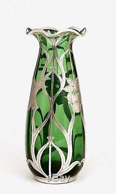 Antique Art Nouveau Sterling Silver Overlay Green Glass Vase Attributed Alvin
