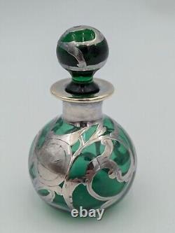 Antique Art Nouveau Sterling Silver and Green Glass Perfume Bottle with Stopper