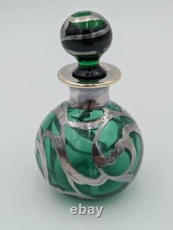 Antique Art Nouveau Sterling Silver and Green Glass Perfume Bottle with Stopper