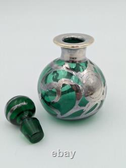 Antique Art Nouveau Sterling Silver and Green Glass Perfume Bottle with Stopper