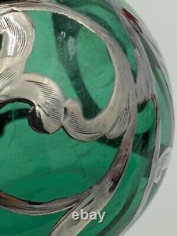 Antique Art Nouveau Sterling Silver and Green Glass Perfume Bottle with Stopper