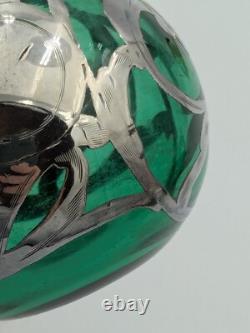 Antique Art Nouveau Sterling Silver and Green Glass Perfume Bottle with Stopper