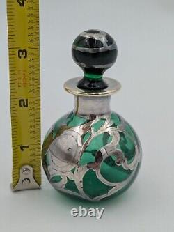 Antique Art Nouveau Sterling Silver and Green Glass Perfume Bottle with Stopper
