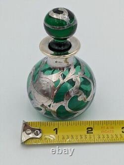 Antique Art Nouveau Sterling Silver and Green Glass Perfume Bottle with Stopper