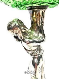 Antique Art Nouveau Table Centre Piece Silver Plate & Green Glass by Henneberg