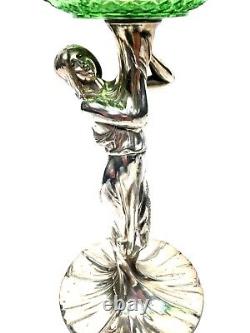 Antique Art Nouveau Table Centre Piece Silver Plate & Green Glass by Henneberg