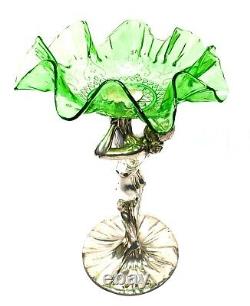 Antique Art Nouveau Table Centre Piece Silver Plate & Green Glass by Henneberg