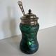 Antique Art Nouveau Threaded Green Glass Lidded Jar With Sterling Spoon