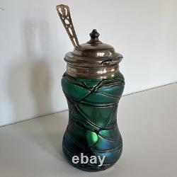 Antique Art Nouveau Threaded Green Glass Lidded Jar With Sterling Spoon