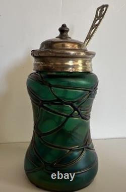 Antique Art Nouveau Threaded Green Glass Lidded Jar With Sterling Spoon