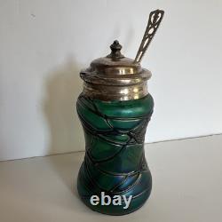 Antique Art Nouveau Threaded Green Glass Lidded Jar With Sterling Spoon