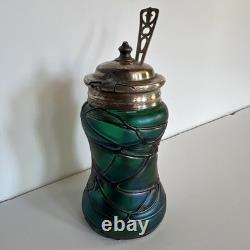 Antique Art Nouveau Threaded Green Glass Lidded Jar With Sterling Spoon